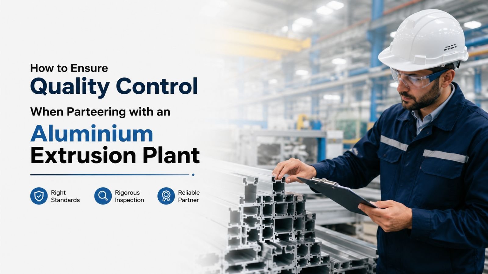 Quality engineer auditing an aluminium extrusion plant, inspecting billets and profile samples