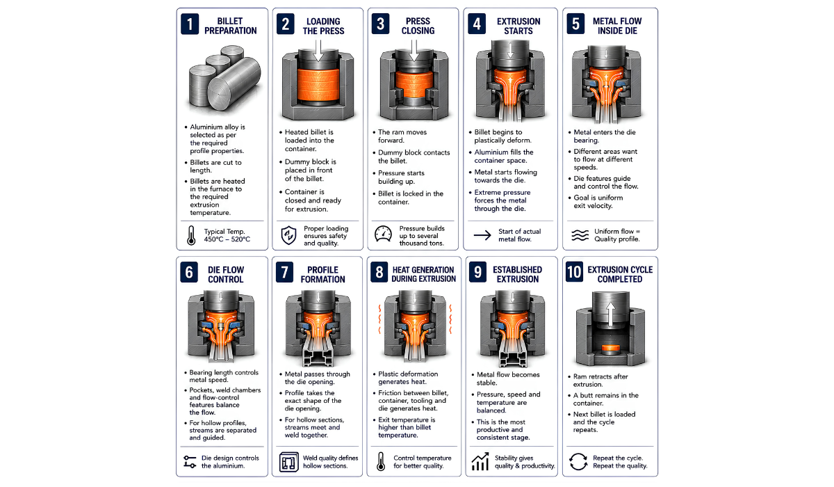 Infographic showing the 10 stages of what happens inside an aluminium extrusion press, from billet loading to butt discard